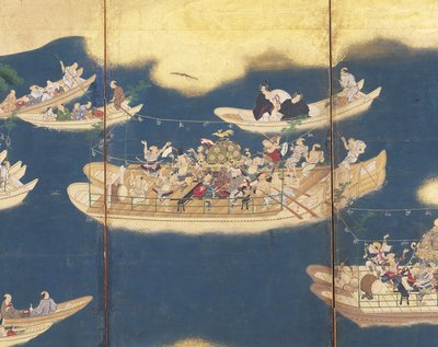 Hiyoshi-Sann? Festival (tinta, color y pan de oro sobre papel, pantalla de seis paneles) de Unknown artist