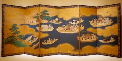 Hiyoshi-Sann? Festival (tinta, color y pan de oro sobre papel, pantalla de seis paneles) de Unknown artist