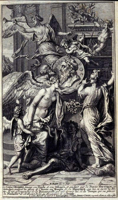 El genio de Homero, sosteniendo su Ilíada y su Odisea, y guiado por la poesía heroica, es introducido, a pesar de los esfuerzos de la Envidia, al templo de la memoria, que abre sus puertas. Lo acompaña la Fama que vuela delante de él, y el Tiempo, que colo de Unknown artist