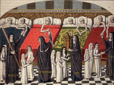 Sala de hospital en el Hotel Dieu en París. Las buenas hermanas son designadas por el nombre de virtudes: prudencia, templanza, fortaleza y justicia. Grabado de una miniatura del siglo XV. de Unknown artist