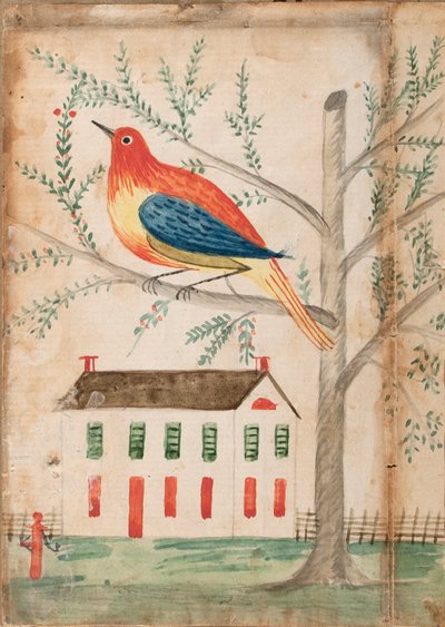 casa y pájaro en un árbol de Unknown artist