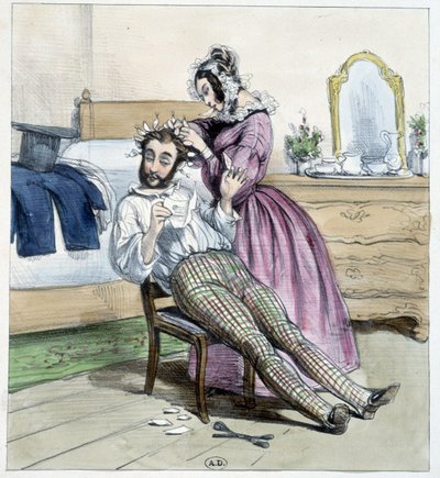 Dibujo humorístico sobre la infidelidad de un dandi con la carta de su prometida de Unknown artist