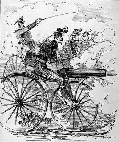 Grabado humorístico: Velocipedomanía aplicada a ametralladoras - siglo XIX de Unknown artist