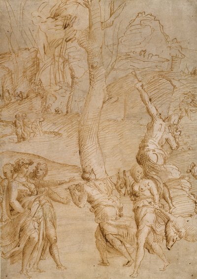 Escena de caza (anverso); dos estudios de una pareja de dioses del río reclinados (¿), frente de un sarcófago (¿) (reverso) de Unknown artist