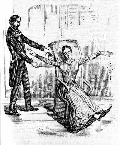 Hipnosis: un hombre practicando hipnosis en una mujer catatónica. de Unknown artist