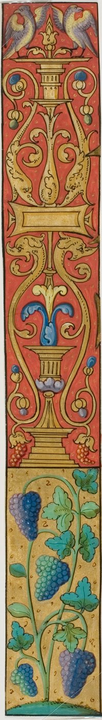 Franja de orilla iluminada con uvas, pájaros y grotescos de un manuscrito de Unknown artist