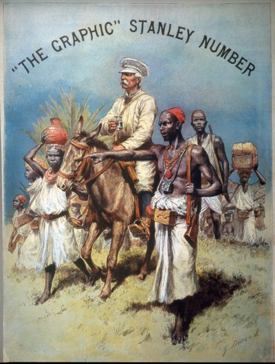Ilustración que representa al explorador y periodista Henry Morton Stanley (1841-1904) durante una de sus expediciones. Cromolitografía de Unknown artist