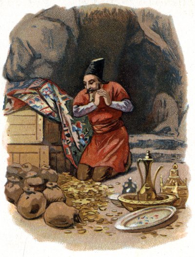 Ilustración para los Cuentos de las Mil y Una Noches. Ali Baba entra en la roca, diciendo, Sésamo ábrete y ve barriles de oro. Cromolitografía alrededor de 1890 de Unknown artist