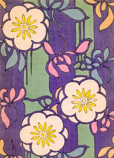 Ilustración de Flores en Flor sobre un Fondo Lavanda y Verde de Unknown artist