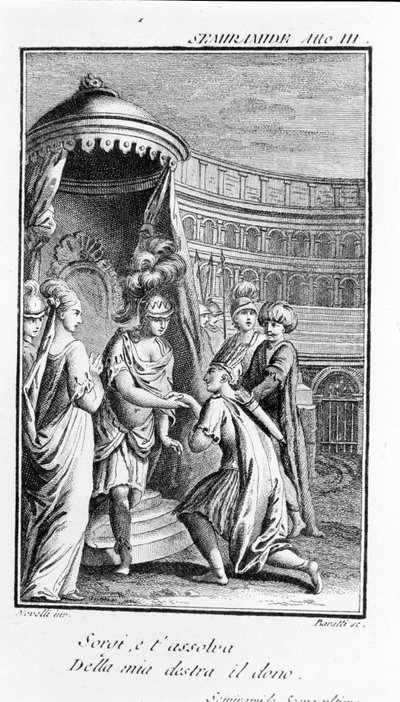 Ilustración de Sémiramis, ópera de Antonio Salieri (1750-1825). Libreto de Pierre Metastase (o Pietro Metastasio). Acto III, última escena de Unknown artist