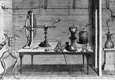 Ilustración de experimentos de Luigi Galvani, físico y médico italiano (1737 - 1798) explicando el paso de corriente eléctrica moviendo las patas de una rana. de Unknown artist