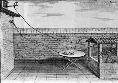 Ilustración de experimentos de Luigi Galvani, físico y médico italiano (1737 - 1798) explicando el paso de corriente eléctrica moviendo las patas de una rana. de Unknown artist