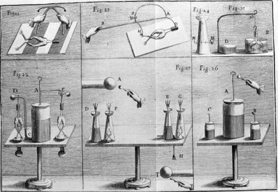 Ilustración de experimentos de Luigi Galvani, físico y médico italiano (1737 - 1798) explicando el paso de corriente eléctrica moviendo las patas de una rana. de Unknown artist