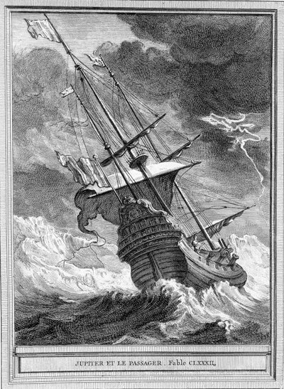 Ilustración de la fábula “Júpiter y el pasajero” de Jean de La Fontaine de Unknown artist