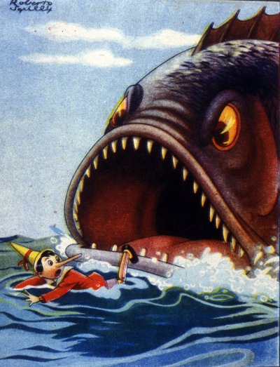Ilustración del cuento Pinocho de Carlo Collodi. Un enorme pez está a punto de comerse a Pinocho. de Unknown artist