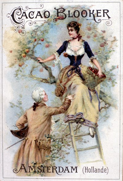 Ilustración publicitaria para el cacao Blooker representando a un joven a la moda del siglo XVIII ayudando a una joven a bajar de una escalera. de Unknown artist