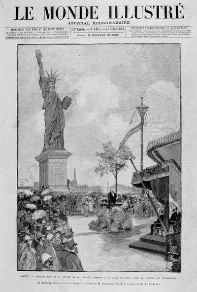Inauguración de la Estatua de la Libertad en reducción (réplica), ofrecida a la Ciudad de París por los Estados Unidos - en “The Illustrous World” del 13/07/1889 de Unknown artist