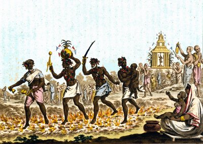 India. Fakires caminando sobre carbones incandescentes. Grabado del siglo XIX de Unknown artist