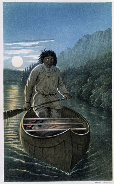 Indio remando en una noche de luna llena - en 