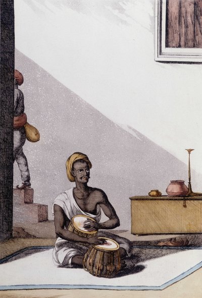 Cultura y civilización india: músico tocando tablas, instrumento musical tradicional, India. Grabado de 1808. de Unknown artist