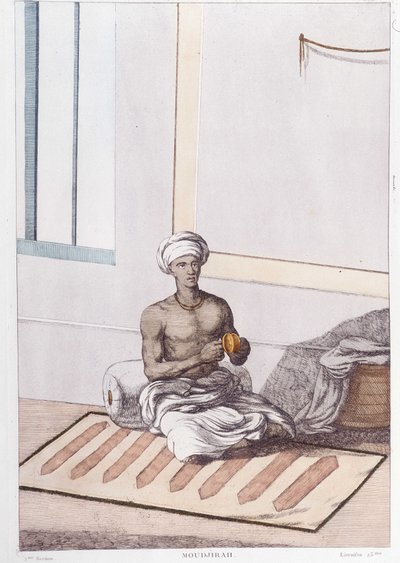 Cultura, civilización y sociedad india: músico con percusión tradicional india. Grabado de 1808. de Unknown artist