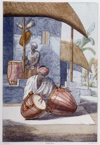 Cultura, civilización y sociedad india: músico con percusión tradicional india (Tikora). Grabado de 1808. de Unknown artist