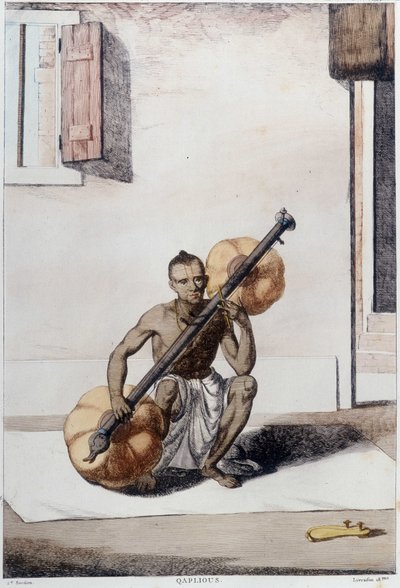 Cultura, civilización y sociedad india: músico con instrumento de cuerda tradicional indio. Grabado de 1808. de Unknown artist