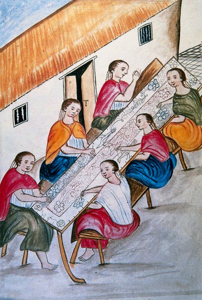 Trabajadores indios cosiendo, del libro "Trujillo del Perú" o "Códice Martínez Compañón", por Baltazar Martínez Compañón y Bujanda, obispo de Trujillo (1782-1785) de Unknown artist