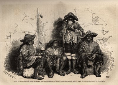 Indios de Cuzco (Perú), vestidos con manta, sandalias y sombrero tradicional, empleados como mano de obra para la explotación de depósitos de guano en las Islas Chincha, bebiendo chicha, un aguardiente fermentado. Grabado para ilustrar Les iles Chincha, r de Unknown artist