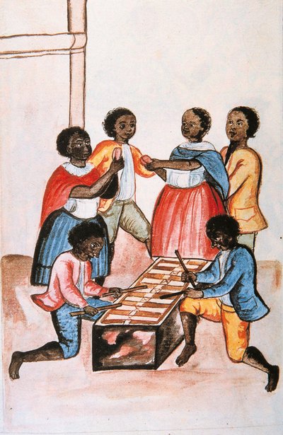 Indios tocando marimba (marimbafono) y bailando, del libro "Trujillo del Perú" o "Códice Martínez Compañón", por Baltazar Martínez Compañón y Bujanda, obispo de Trujillo (1782-1785) de Unknown artist