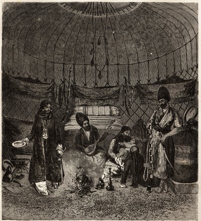Dentro de una tienda turca (Turkmena, Irak), hogar de una familia, con un barhchi (músico, narrador) acompañado por el dutare para cantar o recitar poesía, estos artistas son muy apreciados. Grabado para ilustrar la historia de Henri de Blocqueville “14 me de Unknown artist