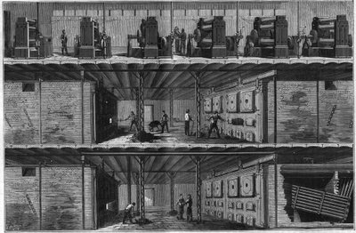 Instalación de calderas y dinamos de vapor en la Central de Distribución Eléctrica (Sistema Edison) en Nueva York en 1884. de Unknown artist