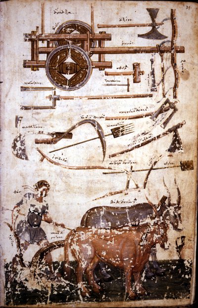 Instrumentos para trabajar el campo y un hombre arando - en "Scutum Herculis (El Escudo de Heracles" de Hesíodo de Unknown artist