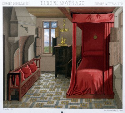 Interior de una casa en los siglos XV y XVI. En "Le costume historique" por A. Racinet de Unknown artist
