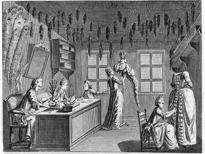 Interior de un taller de plumassier en el siglo XVIII. Grabado del siglo XVIII. de Unknown artist