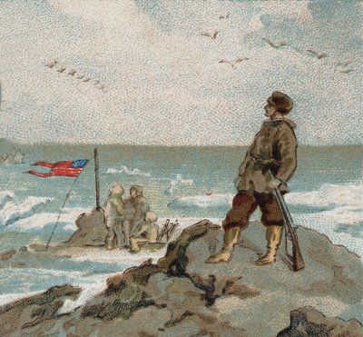 Isaac Israel Hayes (1832-1881) portando la bandera estadounidense en las costas del mar polar. Cromo de finales del siglo XIX. de Unknown artist