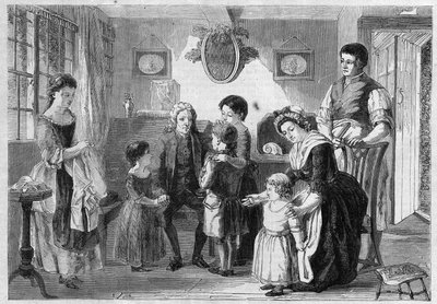 Isaac Watts (1674-1748) teólogo inglés y pedagogo compositor de himnos y canciones espirituales para niños. Según la pintura de Ranckley "Doctor Watt visitando a sus amigos". Grabado en "El Universo Ilustrado" de Unknown artist
