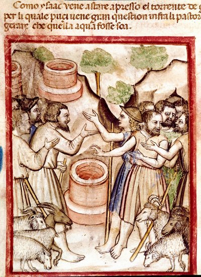 Isaac cava pozos en el valle de Guerar y los pastores del valle lo buscan para pelear (Miniatura del códice 212 o Biblia de Padua) 1390-1400 Rovigo, Accademia dei Concordi de Unknown artist