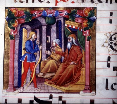 Isaac invita a Esaú a cazar. Manuscrito del siglo XV. Antifonario del siglo XV. Biblioteca de Lodi de Unknown artist