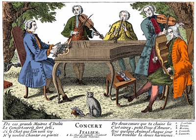 Concierto italiano (música barroca) con 1. Scarlatti (clavecín) - 2. Giuseppe Tartini (violín) - 3. Padre Martini (Giovanni Battista) (flauta) - 4. Locatelli (violín) - 5. Lanzetti (viola) - 6. Gato cantante. Grabado del siglo XVIII de Unknown artist