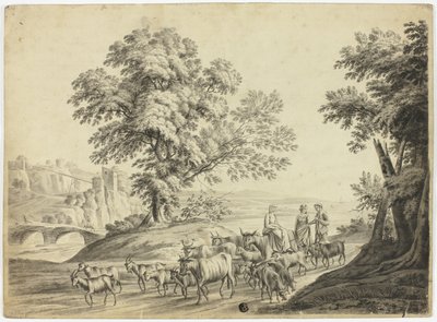Paisaje a la italiana con un hombre y dos mujeres pastoreando ganado vacuno, cabras y ovejas de Unknown artist