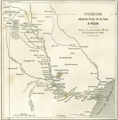 Itinerario a lo largo del río Hai He cerca de Tien Tsin (Tien-Tsin, Tianjin) a Pekín (Beijing), China. Mapa, en “Le Tour du Monde, Nouveau journal des Voyages”, editado por Edouard Charton, París de Unknown artist