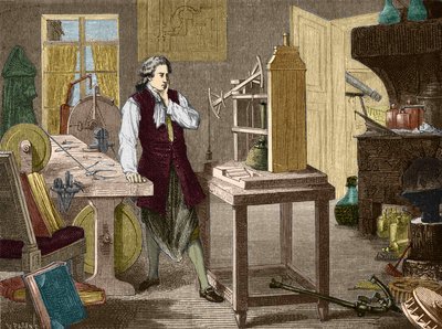 James Watt estudiando el perfeccionamiento de la máquina de Newcomen (1767) (máquina de vapor) - en “Álbum de Ciencia; científicos ilustres; Grandes descubrimientos” 1896. de Unknown artist