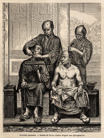 Barberos japoneses en su tienda, uno afeitando una barba, el otro peinando a un hombre con el torso desnudo. Grabado para ilustrar el viaje a Japón, en 1863-1864, por Aime Humbert, ministro de la Confederación Suiza, en “Le tour du monde, nouveau journal d de Unknown artist
