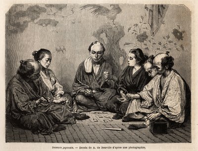 Jugadores japoneses en medio de cartas. Grabado para ilustrar Japón, historia de viaje por Aime Humbert, ministro de la Confederación Suiza, en 1863-1864, publicado en 