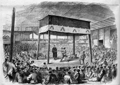 Lucha de luchadores japoneses Sumo en Osaka, Japón. De un dibujo de C. Wirgman. Grabado en "El Universo Ilustre" de Unknown artist
