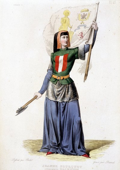 Jeanne Laisné, conocida como Jeanne Fourquet, apodada Jeanne Hachette Heroína francesa (1456?). Grabado de 1835 de Unknown artist