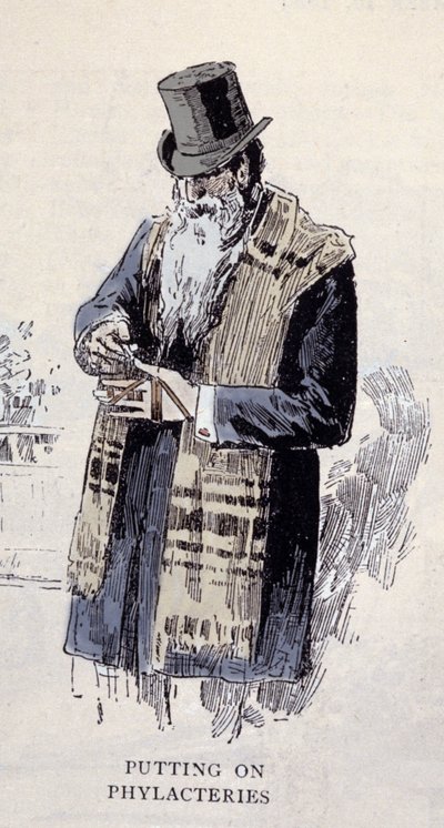 Religión judía: un anciano judío con el talit (Talit o Tzitzit), grabado de 1890 de Unknown artist