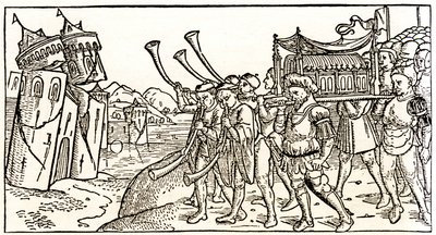 Judíos llevan el Arca de la Alianza frente a las murallas de Jericó que se derrumban de Unknown artist