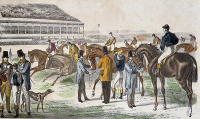 Jinetes y sus caballos antes de la carrera - grabado, c. 1850 de Unknown artist